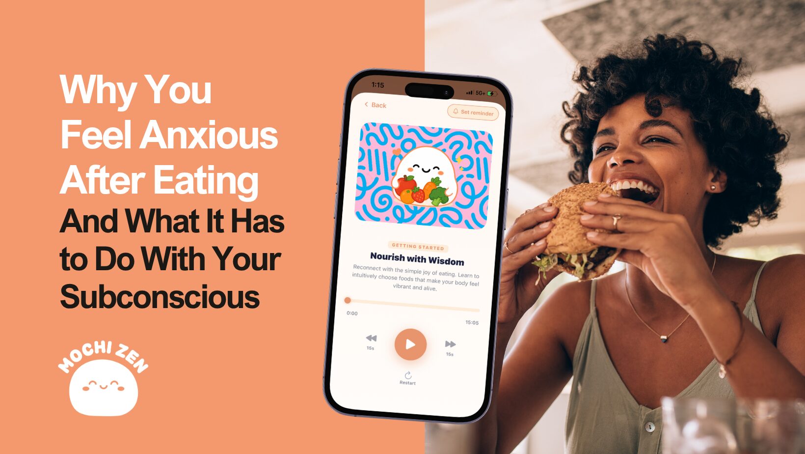 Woman experiencing anxiety and guilt after eating, illustrating the shame spiral addressed by Mochi Zen RTT hypnotherapy app