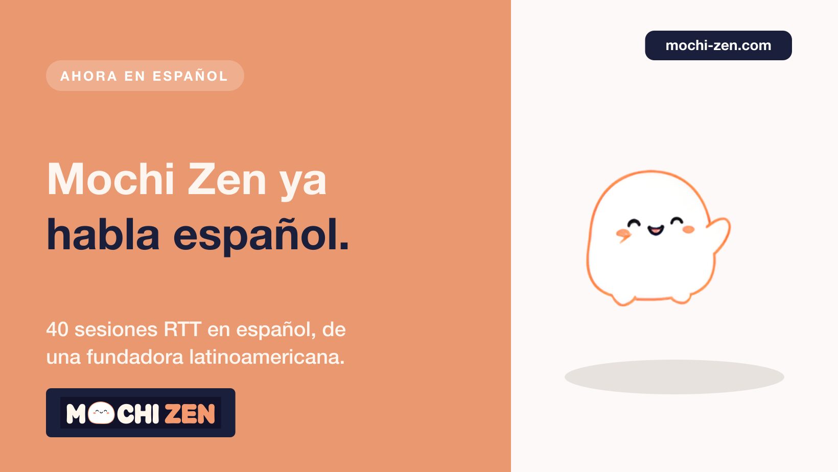 Mascota de Mochi Zen saludando junto al titular Mochi Zen ya habla español, anunciando la app de hipnoterapia en español