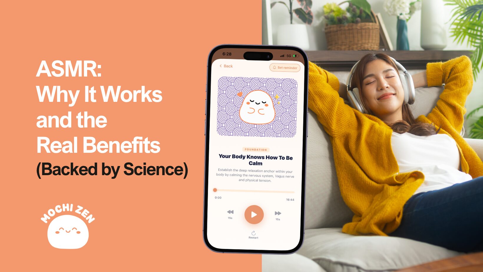 A person relaxing with headphones listening to ASMR — the science of why ASMR feels calming, from Mochi Zen