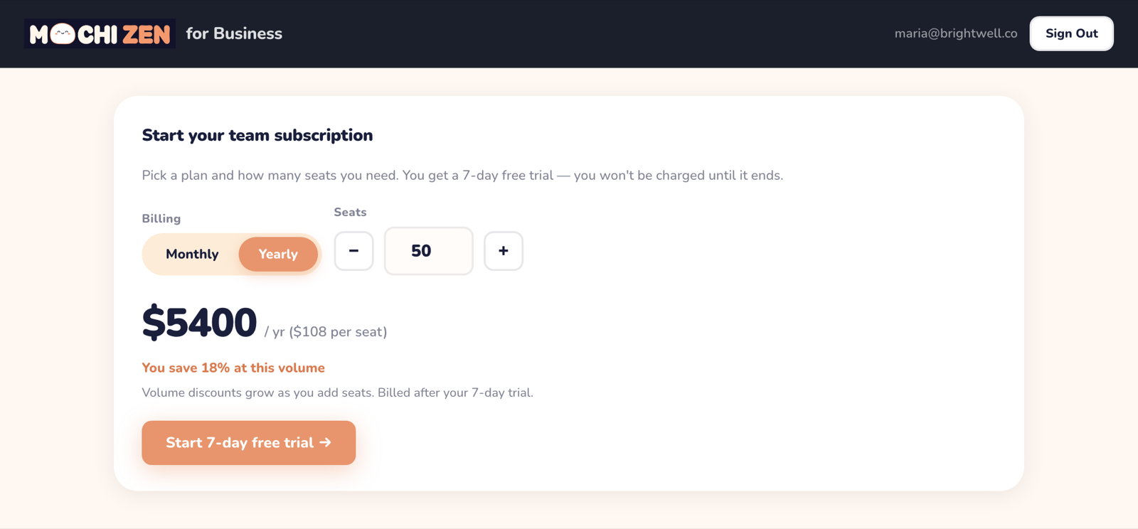 Mochi Zen business portal seat checkout with monthly or yearly billing and automatic volume discounts