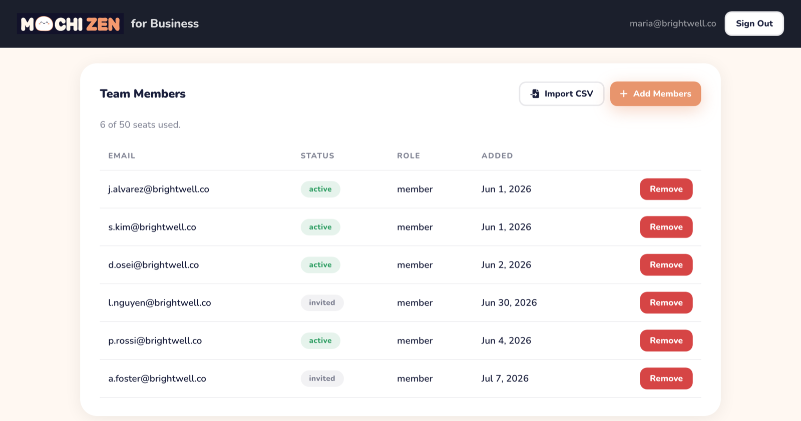 Mochi Zen business portal team member management with email invites and CSV import