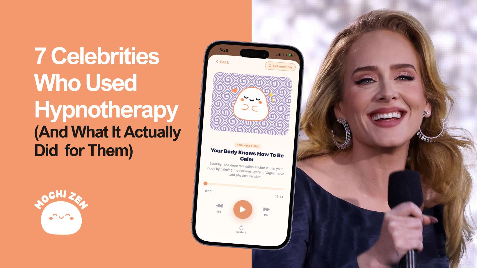 Celebrities who used hypnotherapy including Adele, Tiger Woods, and Princess Diana — explored by Mochi Zen RTT hypnotherapist Paola Mendez