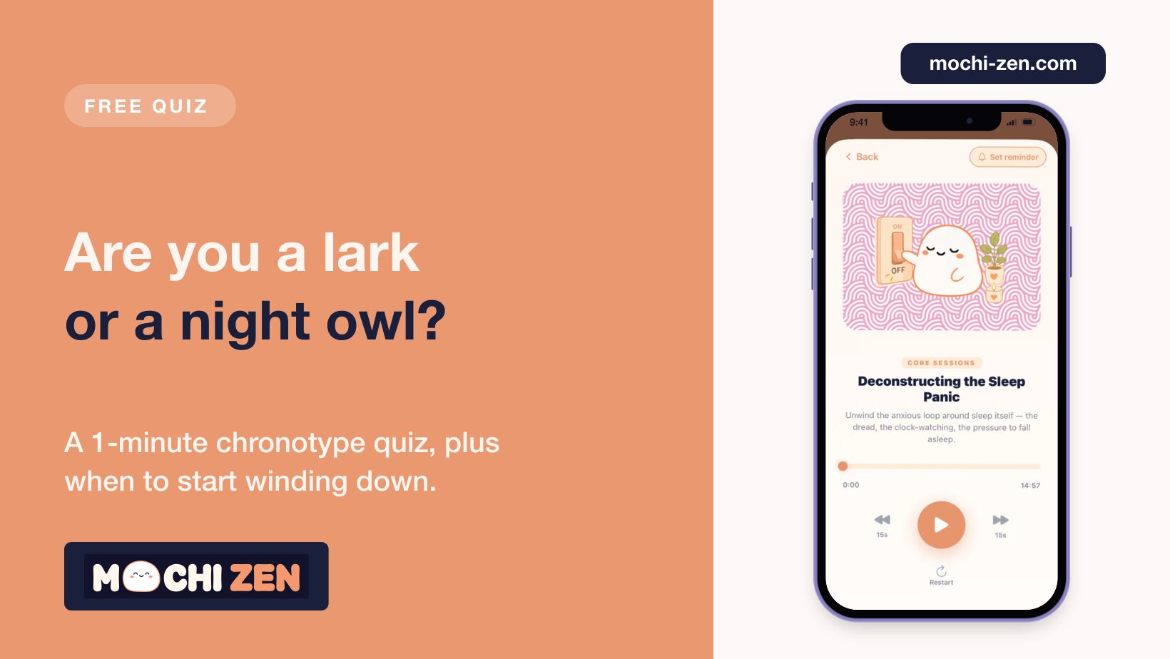 Imagen principal del test de cronotipo: eres alondra o búho nocturno, test gratis de 1 minuto de Mochi Zen, con una sesión de sueño en la app Mochi Zen en un iPhone