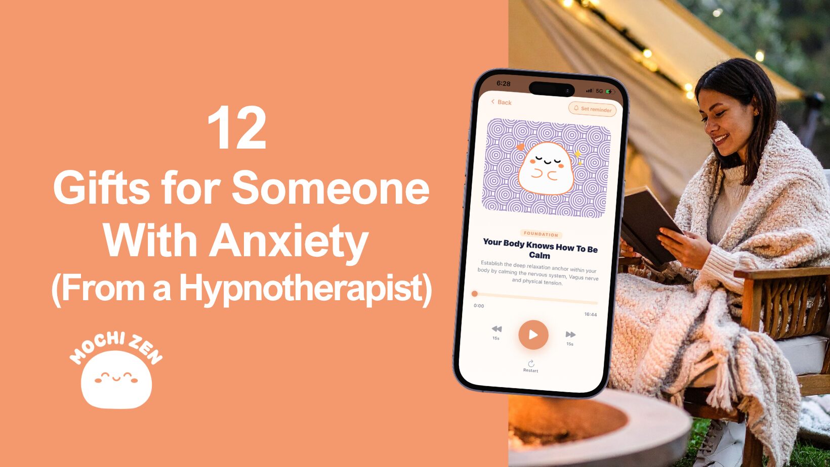 Gifts for someone with anxiety — a woman relaxing outdoors while a Mochi Zen RTT hypnotherapy session for calm plays on her phone