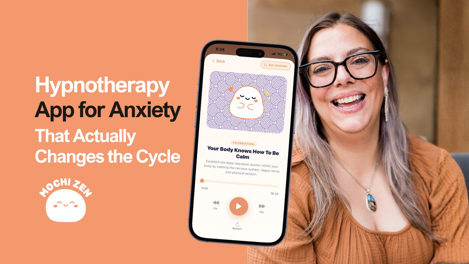 Person listening to RTT-based hypnotherapy audio on the Mochi Zen app for anxiety relief
