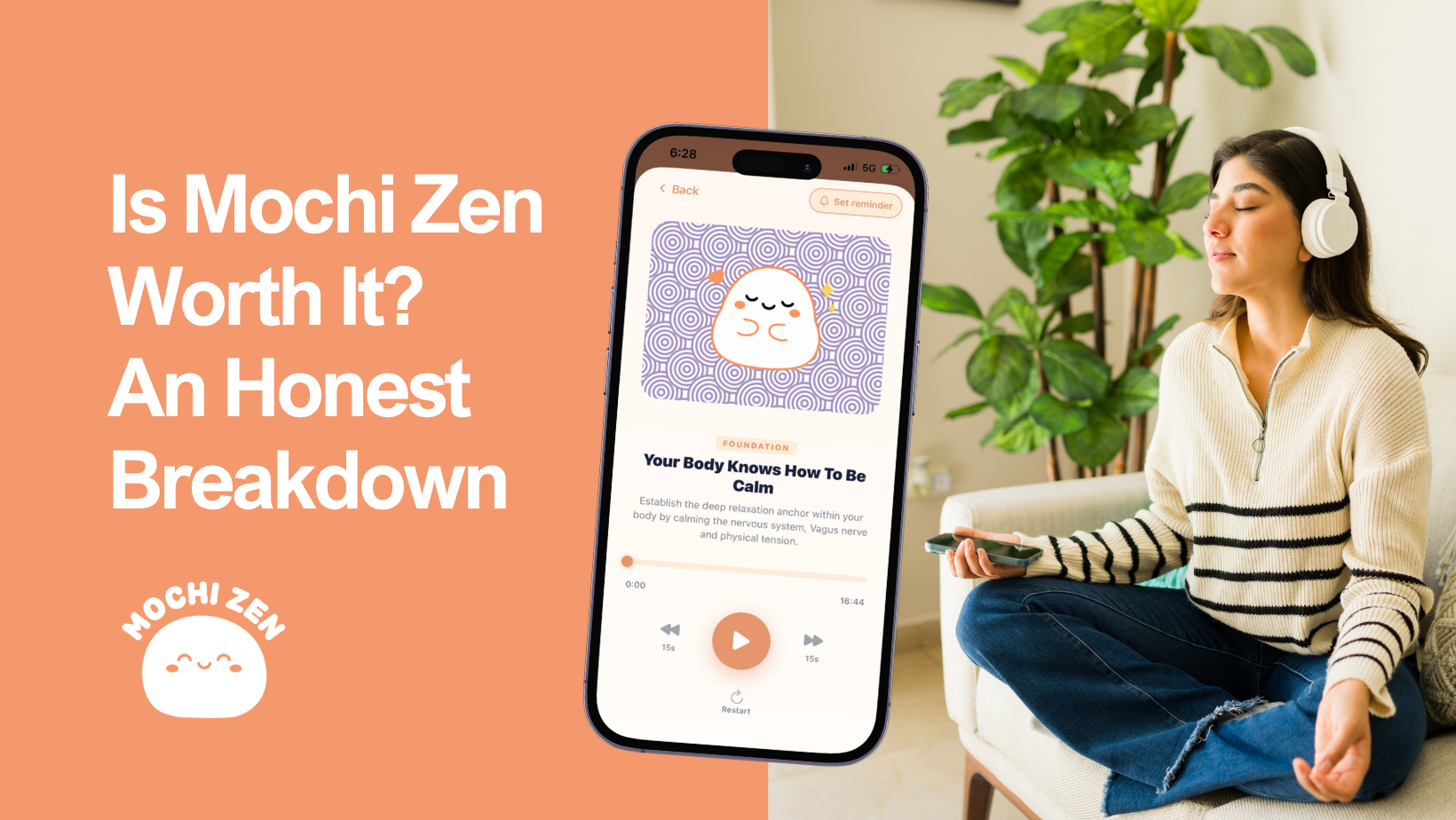 Mochi Zen app interface showing RTT hypnotherapy sessions and AI nutrition tracking, created by founder Paola Mendez
