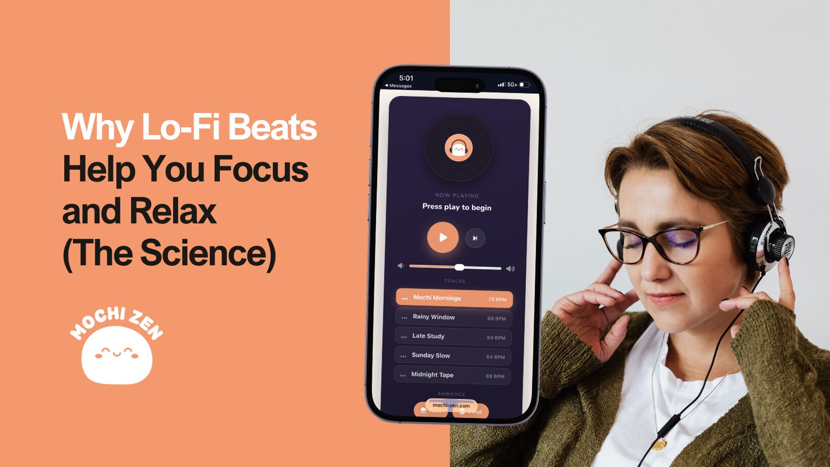 A cozy desk with headphones and warm light — why lo-fi beats help you focus and relax, from Mochi Zen