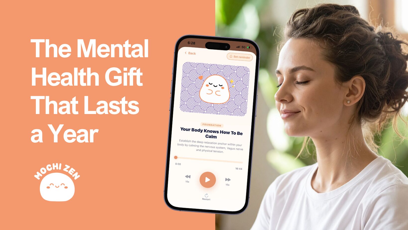 The mental health gift that lasts a year — a woman listening to a Mochi Zen RTT hypnotherapy session on her phone