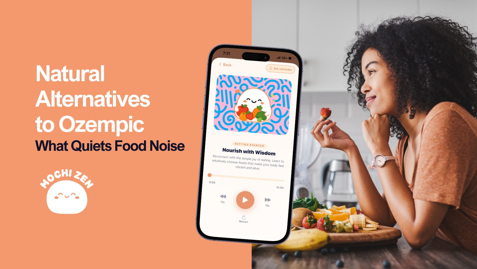 Natural alternatives to Ozempic arranged on a table, from whole foods to headphones for hypnotherapy audio