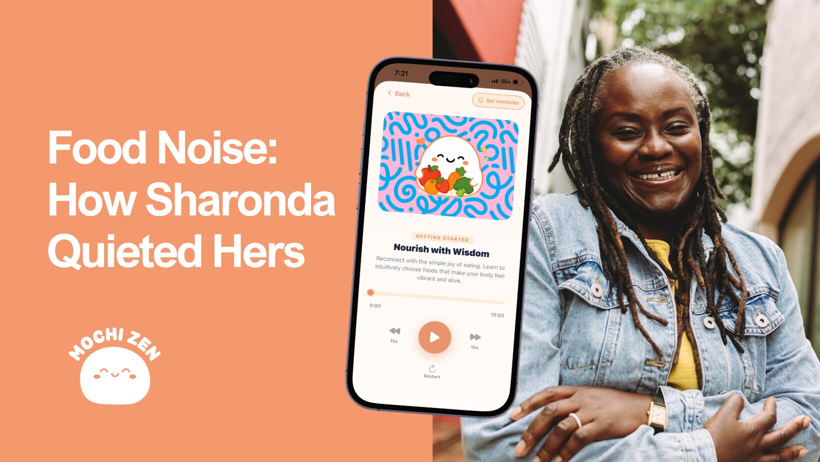 Sharonda smiling beside the Mochi Zen app playing the Nourish with Wisdom hypnotherapy session — her story of quieting food noise