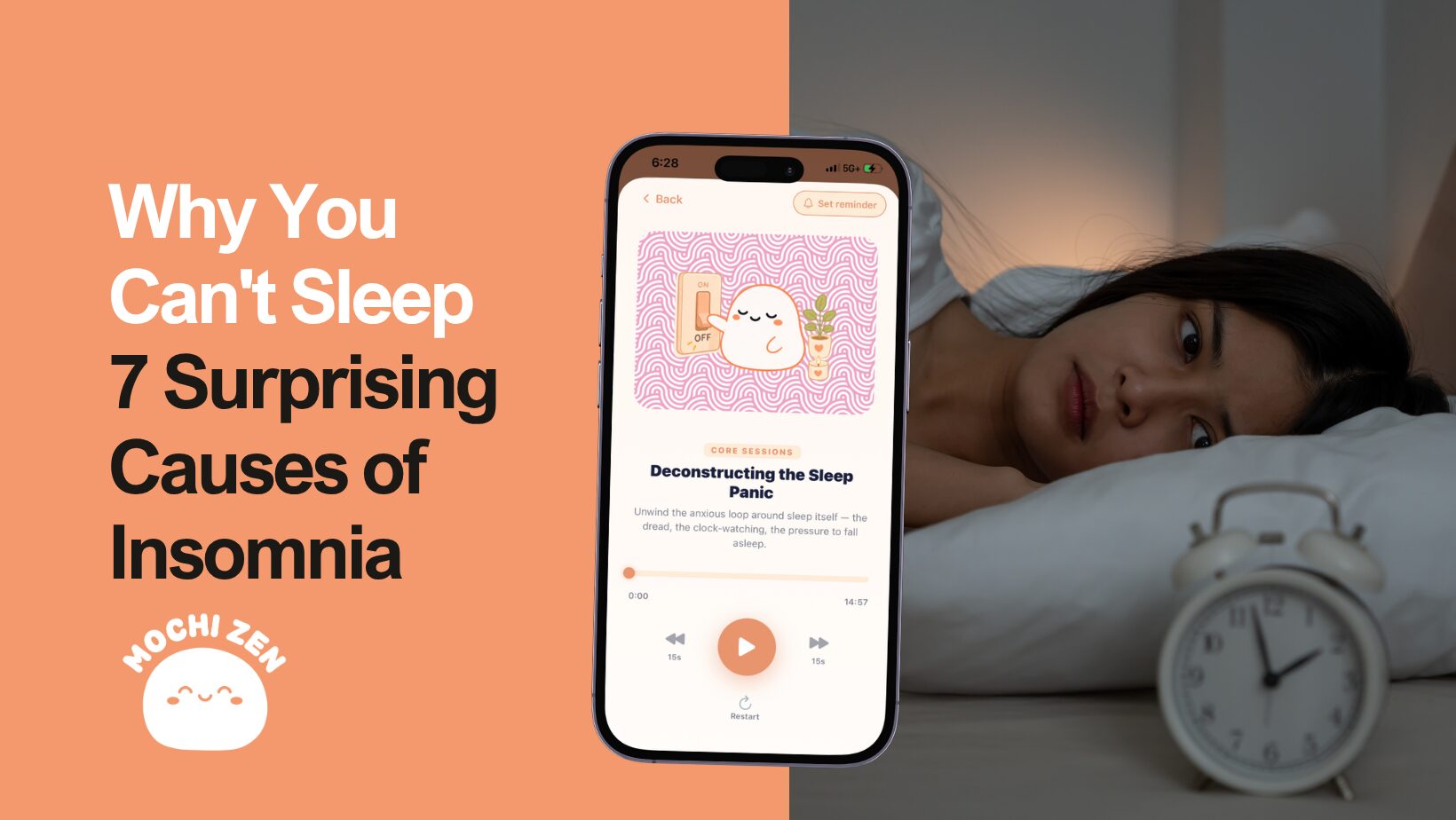 Woman lying awake in bed at night — RTT hypnotherapist Paola Mendez explains 7 surprising causes of insomnia on the Mochi Zen blog