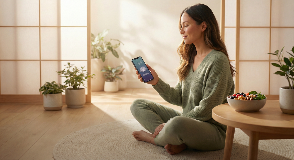 Woman relaxing while using the Mochi Zen weight loss hypnosis app instead of manually counting calories