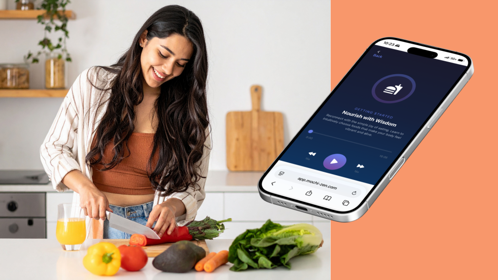 Woman breaking free from binge eating using RTT hypnotherapy with the Mochi Zen app