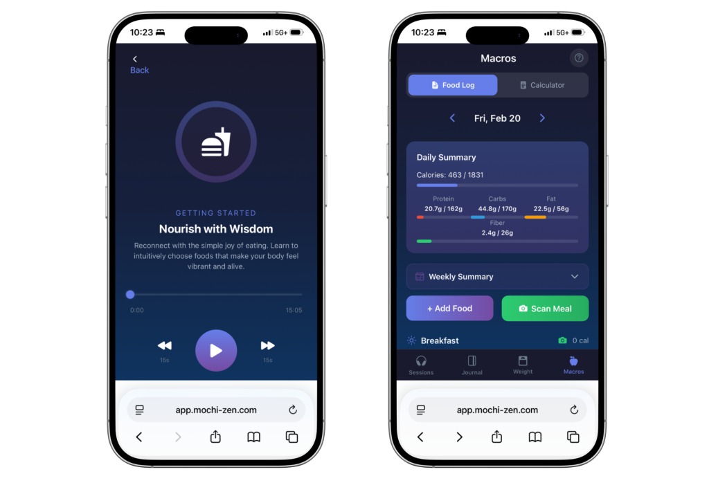 Mochi Zen emotional eating app interface showing hypnosis sessions and meal photo scanning